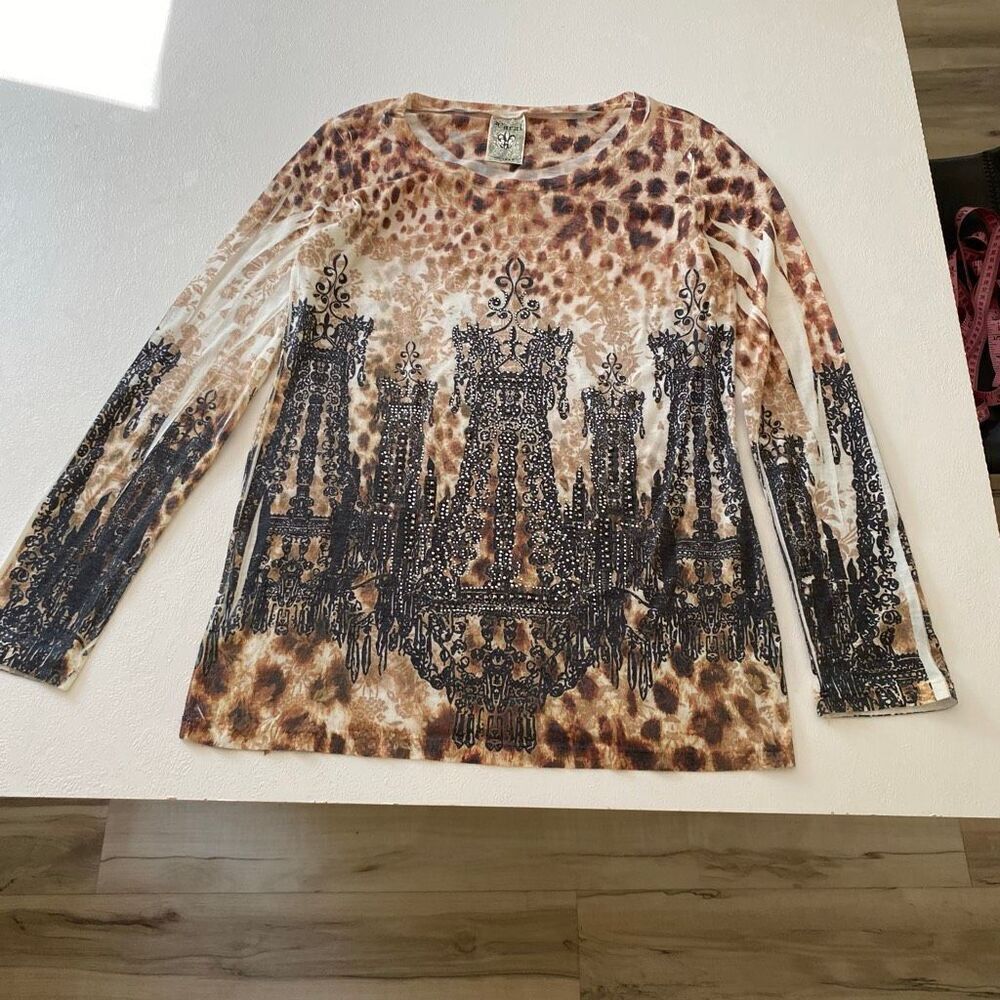 Vocal Chandelier Print Animal Leopard Long Sleeve Top Bling Rhinestone USA Women